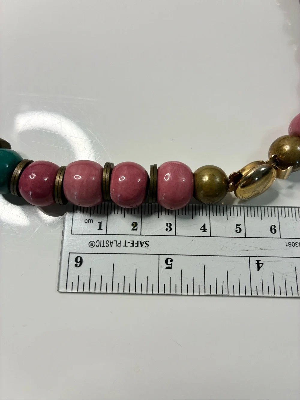 VTG Chunky Ceramic Pink, Teal & Purple Beaded Necklace with Antique Gold Spacers